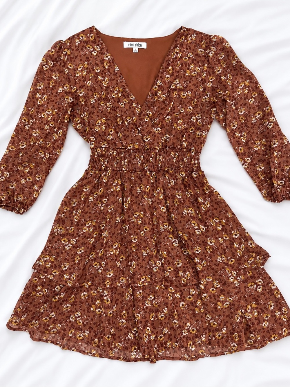Mimi Chica Rust Floral Tiered Wrap Dress